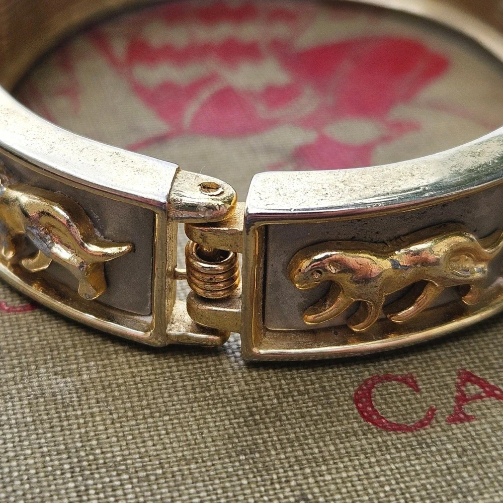 Vintage 80s Gold Silver Tone Panther Hinged Bangle Bracelet Big Cat Statement